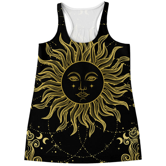 Black And Gold Celestial Sun Print Women's Racerback Tank Top