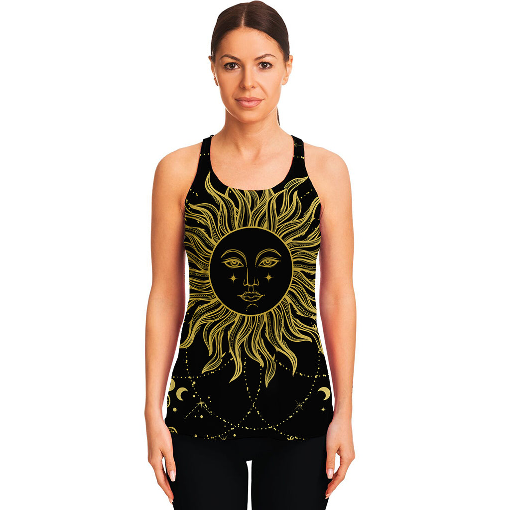 Black And Gold Celestial Sun Print Women's Racerback Tank Top