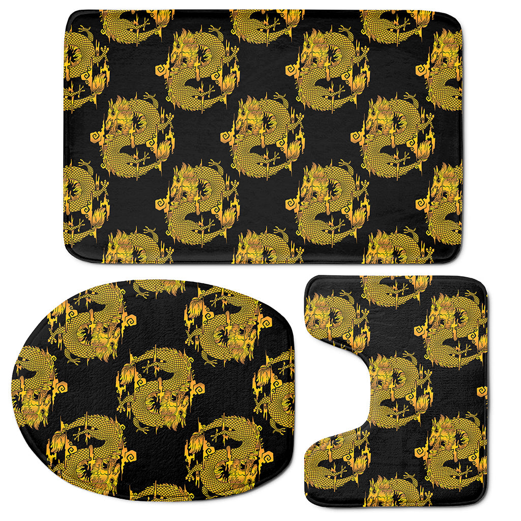 Black And Gold Dragon Pattern Print 3 Piece Bath Mat Set