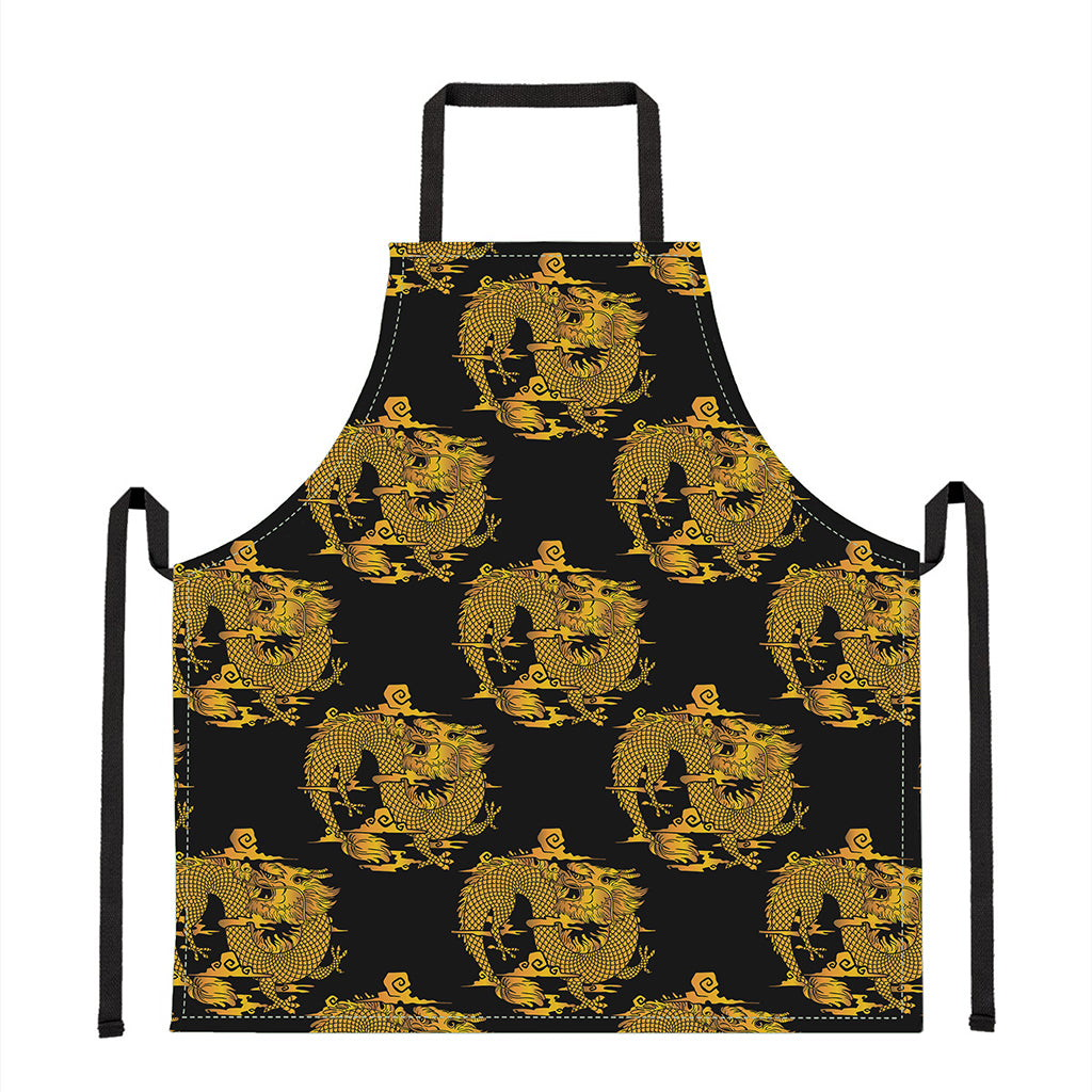 Black And Gold Dragon Pattern Print Apron