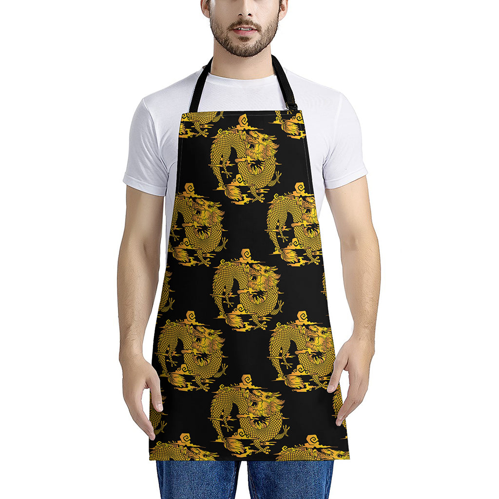 Black And Gold Dragon Pattern Print Apron