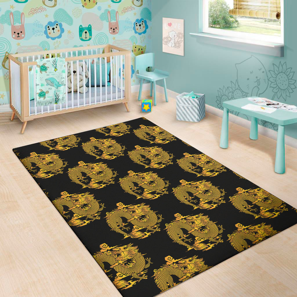 Black And Gold Dragon Pattern Print Area Rug