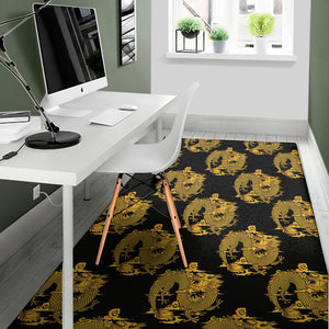 Black And Gold Dragon Pattern Print Area Rug