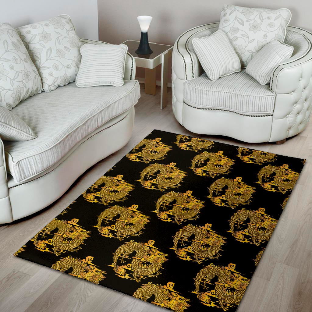 Black And Gold Dragon Pattern Print Area Rug