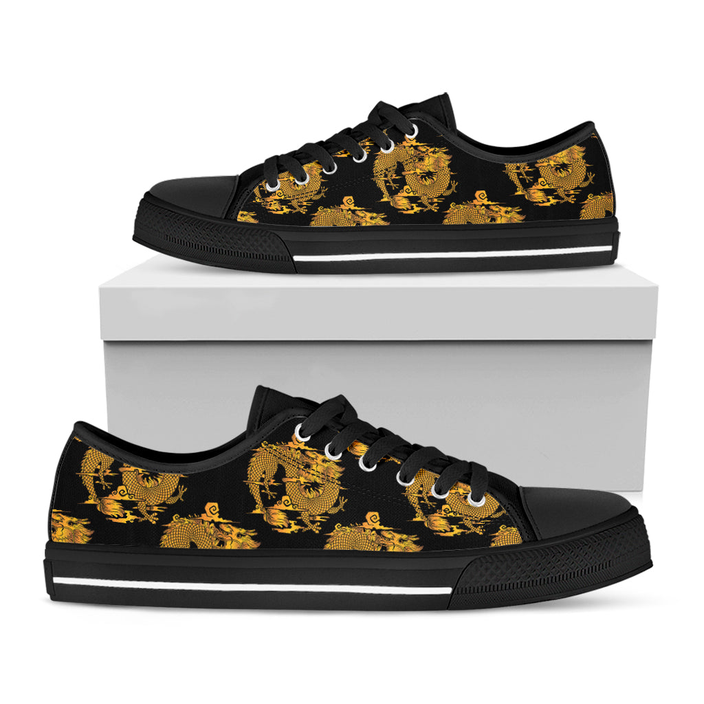 Black And Gold Dragon Pattern Print Black Low Top Shoes