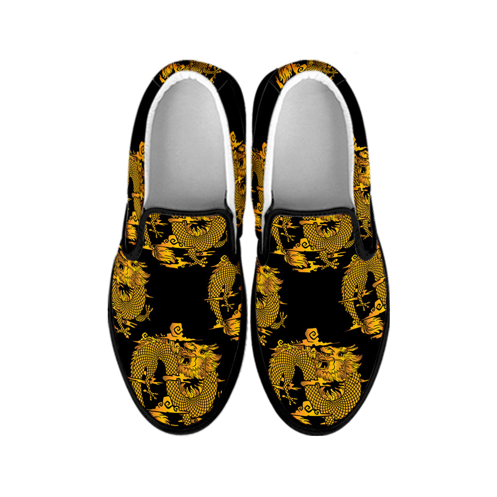 Black And Gold Dragon Pattern Print Black Slip On Shoes