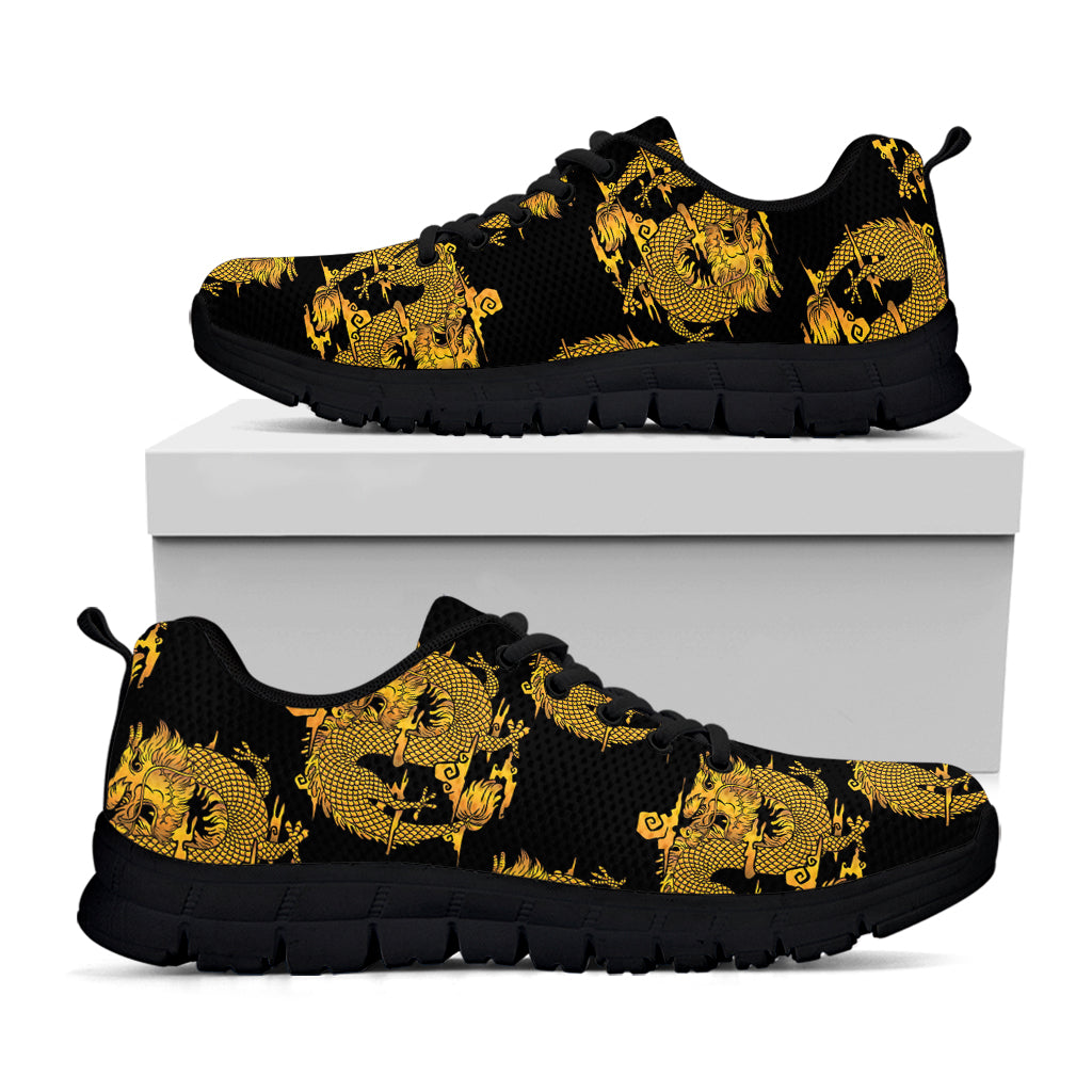 Black And Gold Dragon Pattern Print Black Sneakers