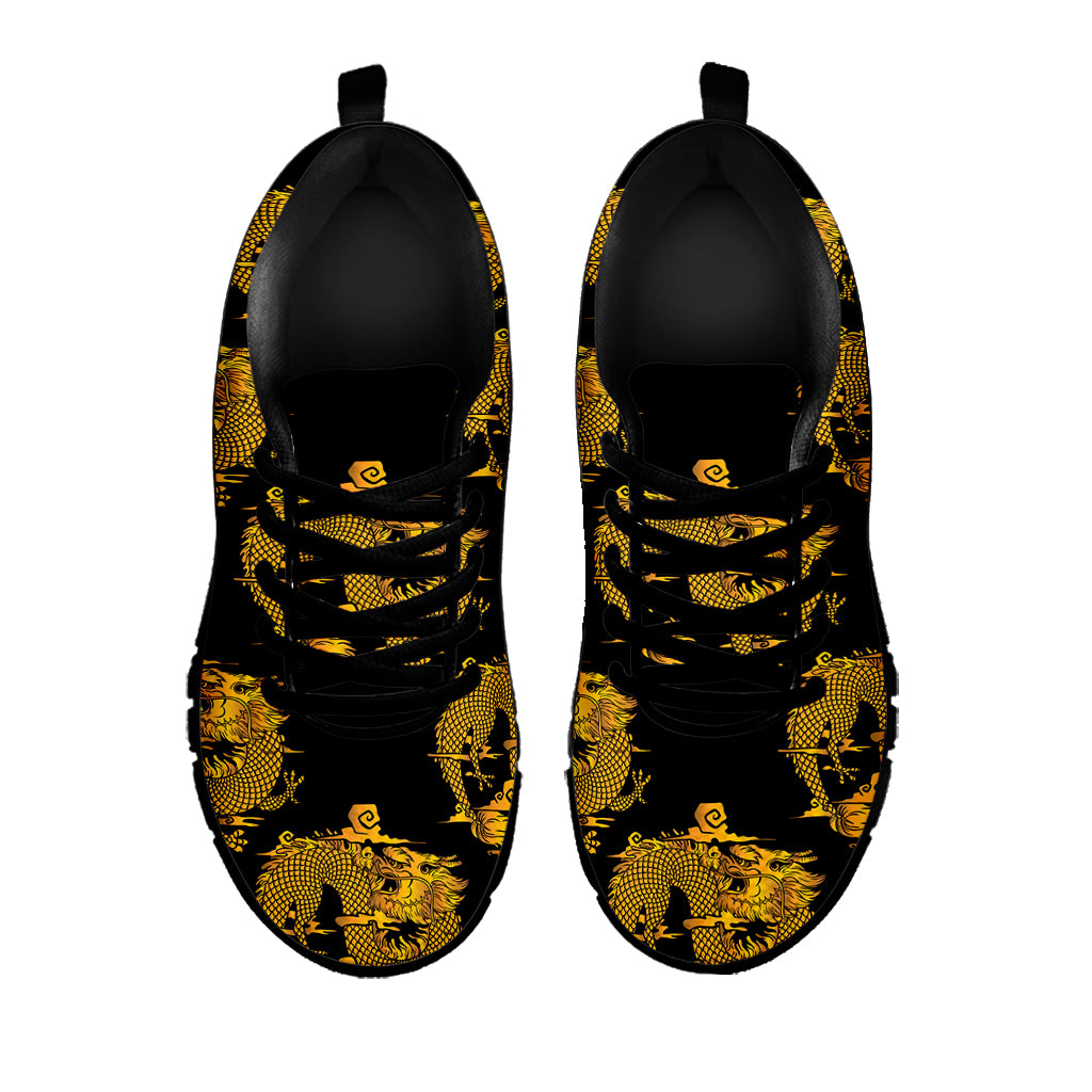 Black And Gold Dragon Pattern Print Black Sneakers