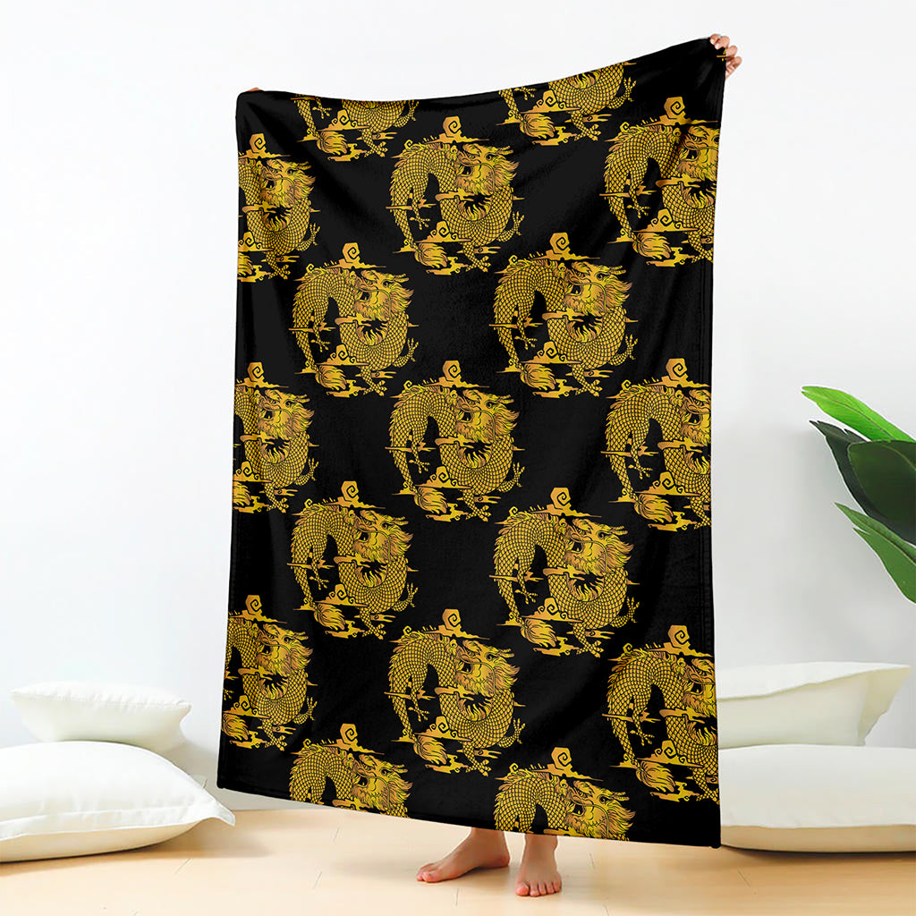 Black And Gold Dragon Pattern Print Blanket