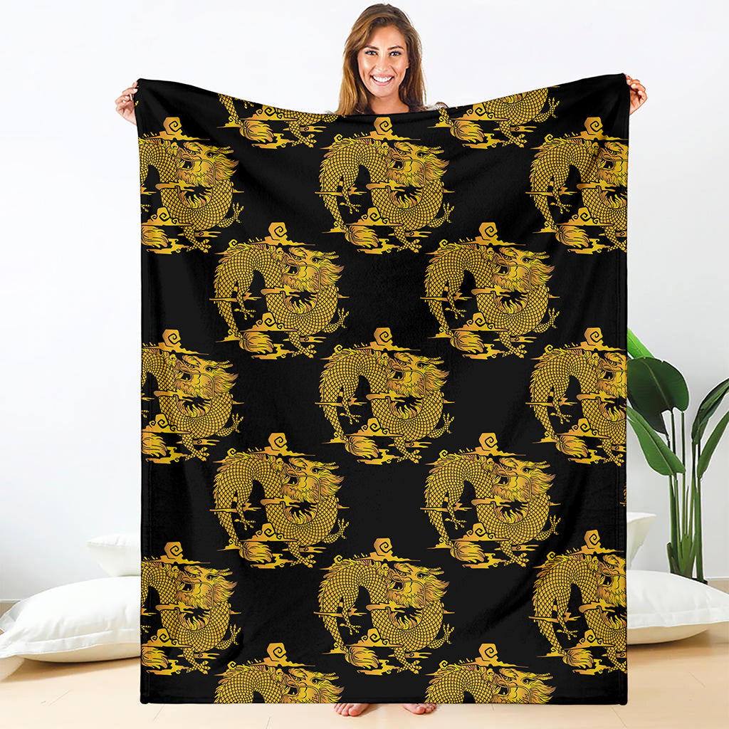 Black And Gold Dragon Pattern Print Blanket