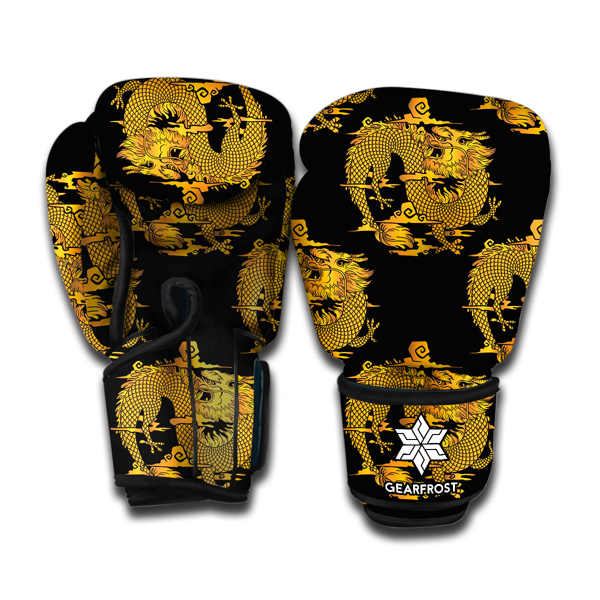 Black And Gold Dragon Pattern Print Boxing Gloves