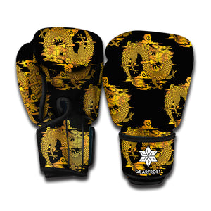 Black And Gold Dragon Pattern Print Boxing Gloves