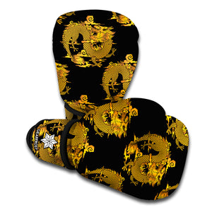 Black And Gold Dragon Pattern Print Boxing Gloves