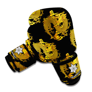 Black And Gold Dragon Pattern Print Boxing Gloves