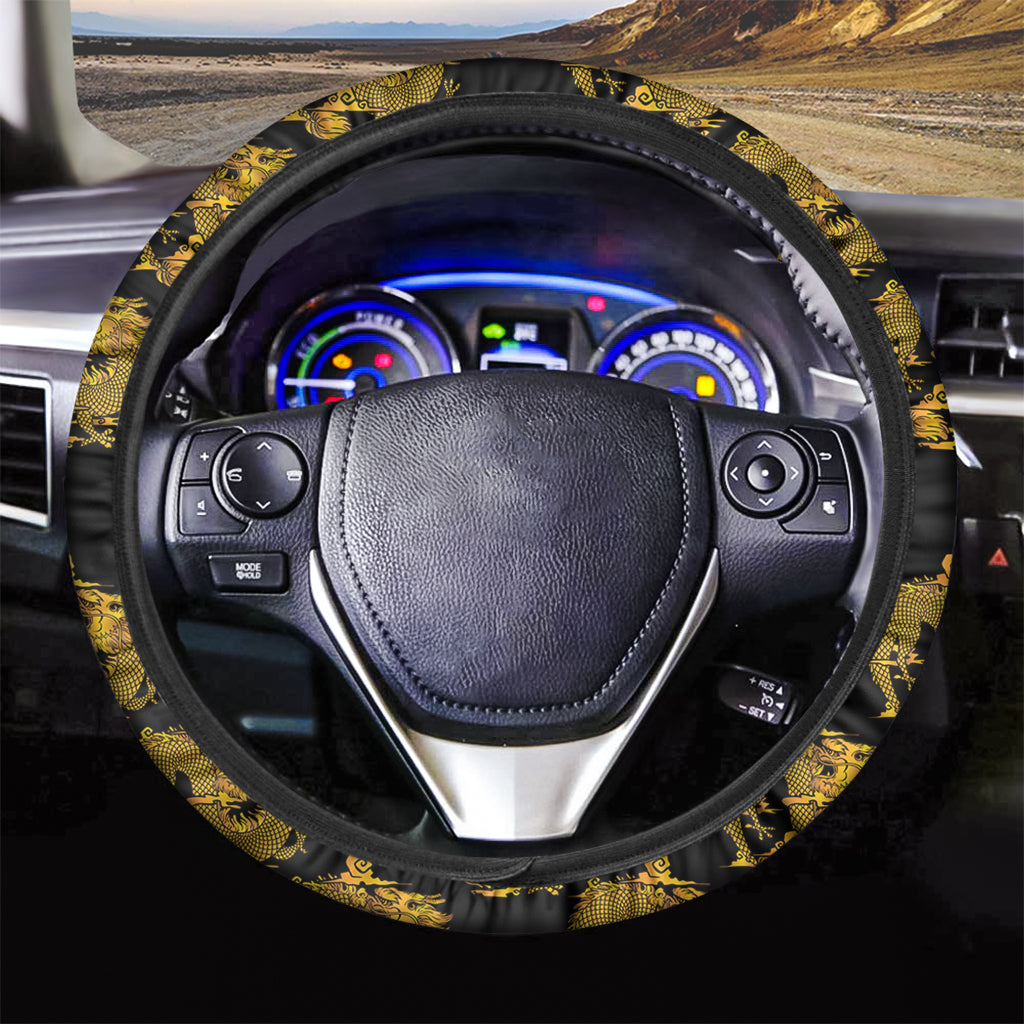 Black And Gold Dragon Pattern Print Car Steering Wheel Cover