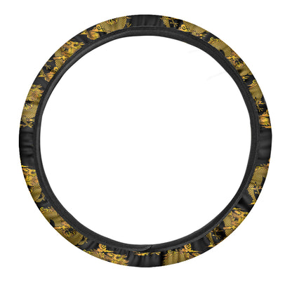Black And Gold Dragon Pattern Print Car Steering Wheel Cover