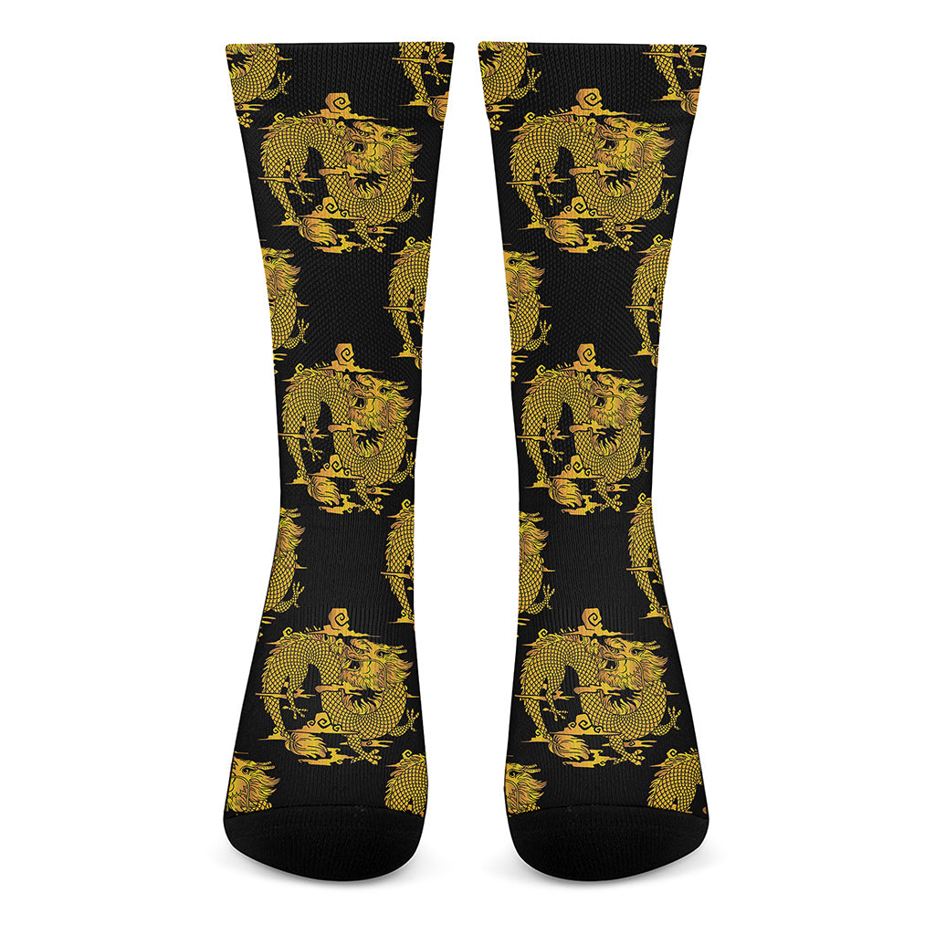 Black And Gold Dragon Pattern Print Crew Socks