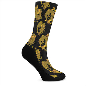 Black And Gold Dragon Pattern Print Crew Socks