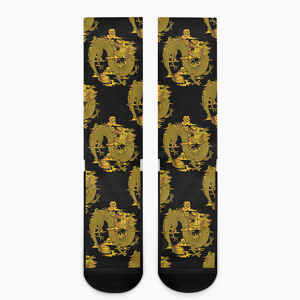 Black And Gold Dragon Pattern Print Crew Socks