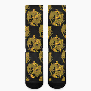 Black And Gold Dragon Pattern Print Crew Socks