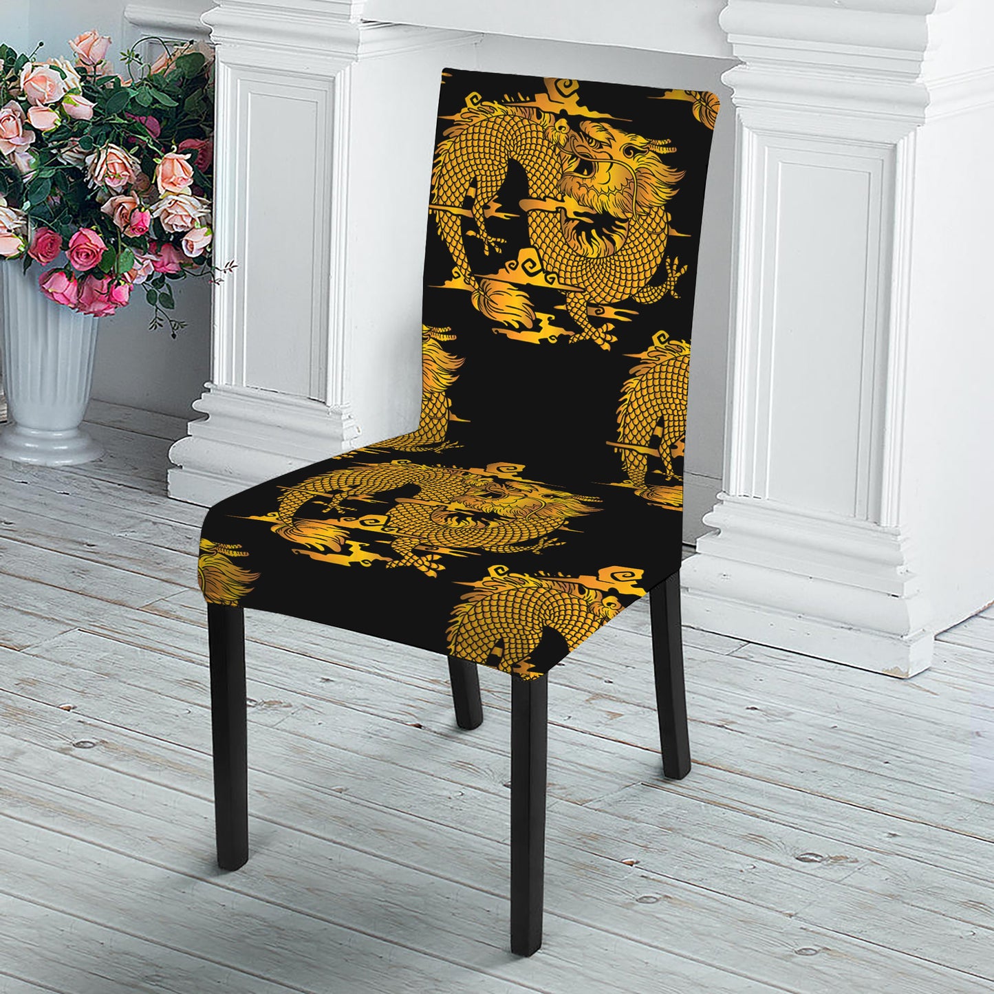 Black And Gold Dragon Pattern Print Dining Chair Slipcover