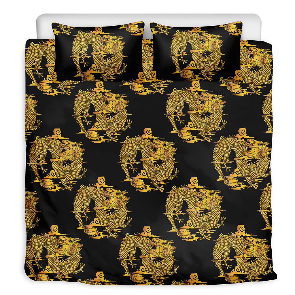 Black And Gold Dragon Pattern Print Duvet Cover Bedding Set