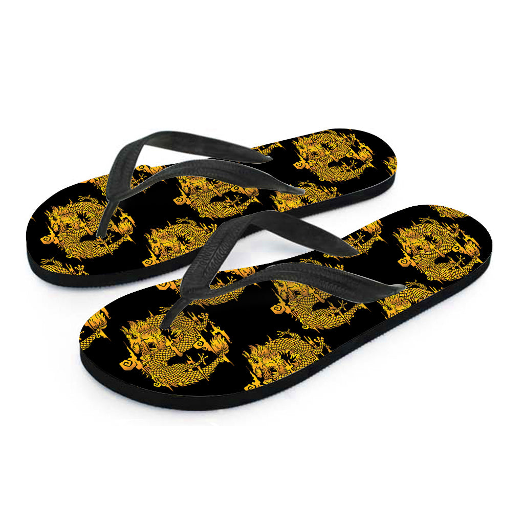 Black And Gold Dragon Pattern Print Flip Flops