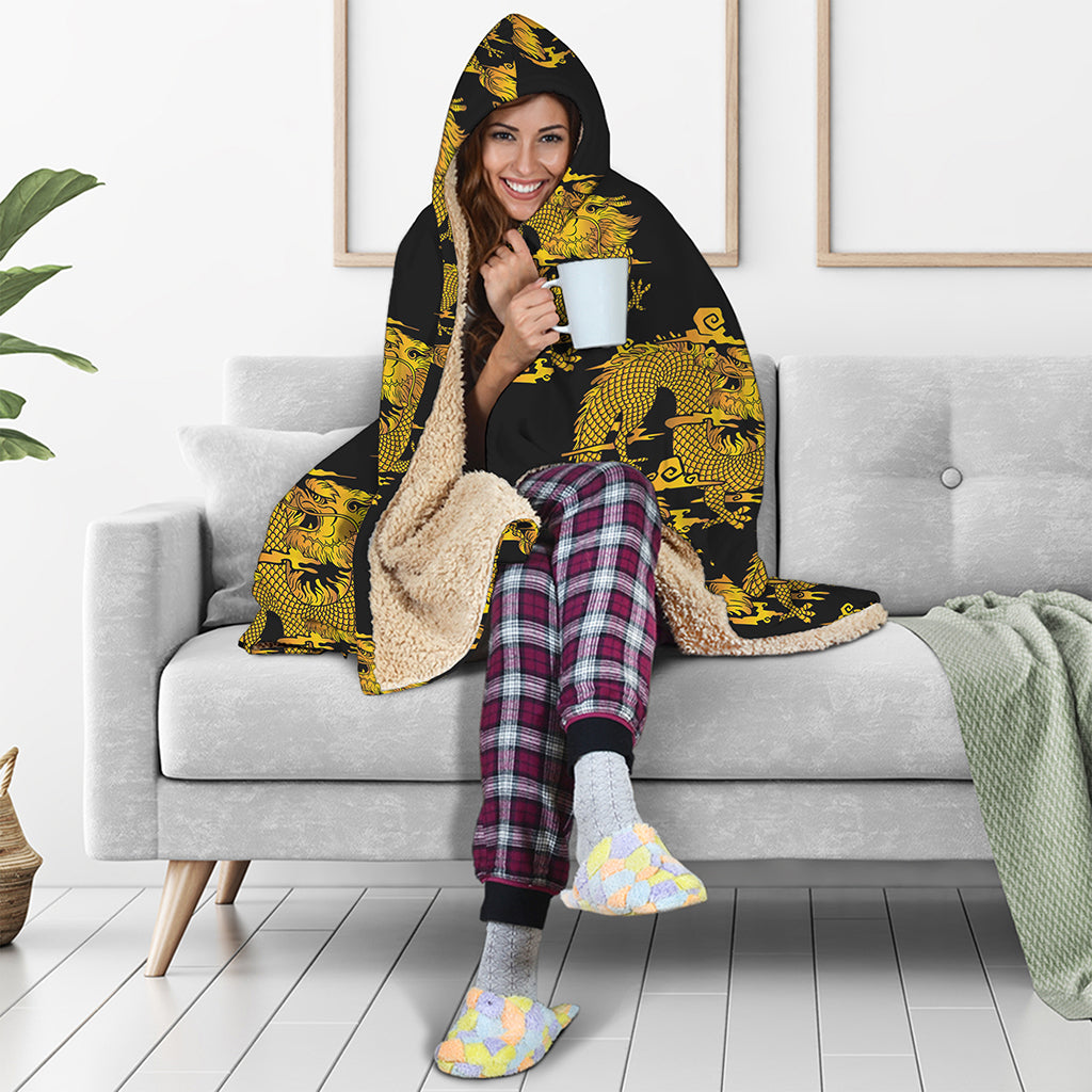 Black And Gold Dragon Pattern Print Hooded Blanket
