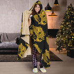 Black And Gold Dragon Pattern Print Hooded Blanket