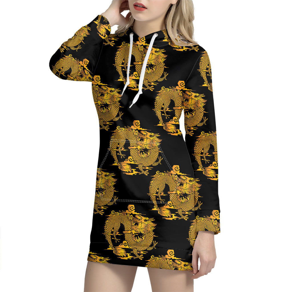 Black And Gold Dragon Pattern Print Hoodie Dress