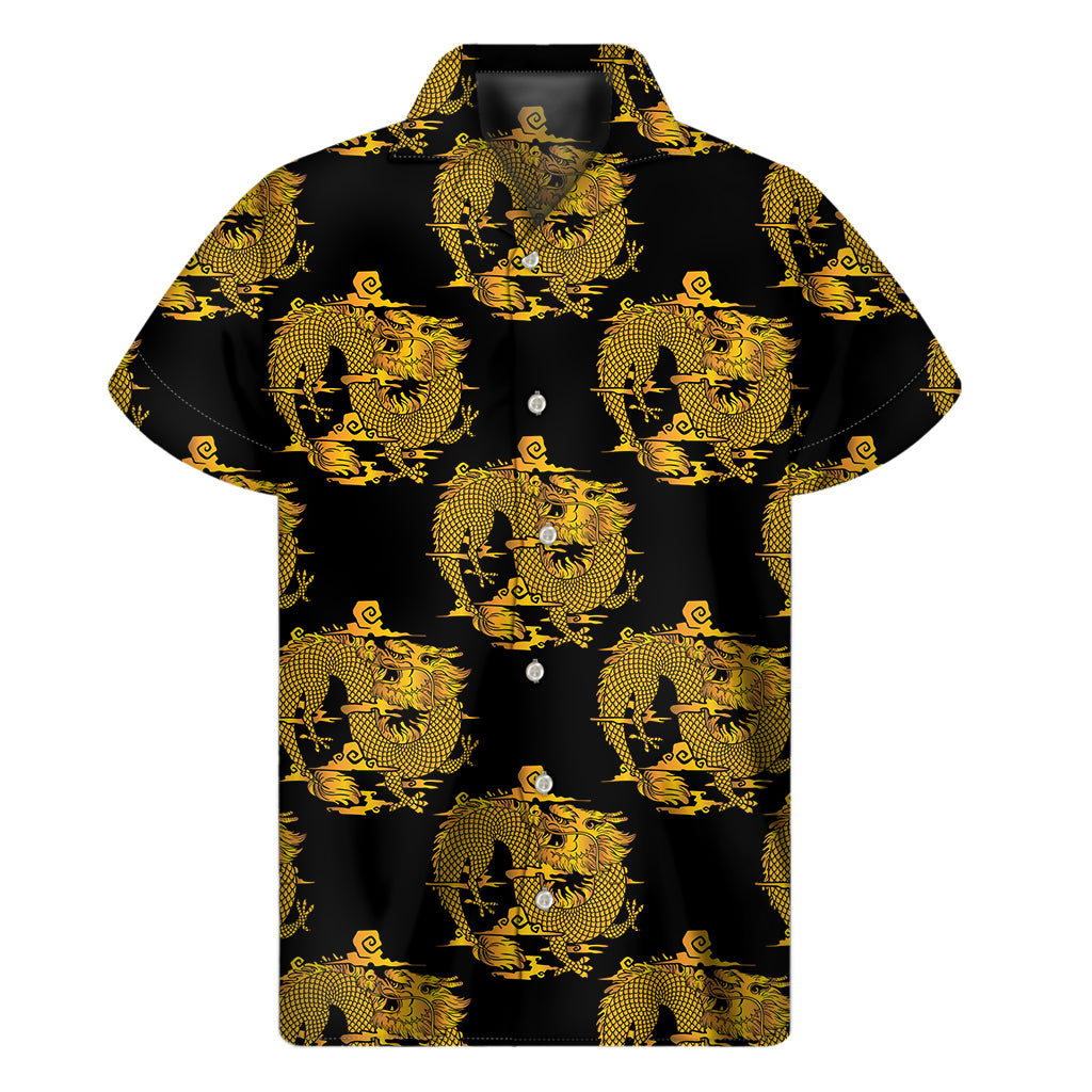 Black And Gold Dragon Pattern Print Men's Short Sleeve Shirt