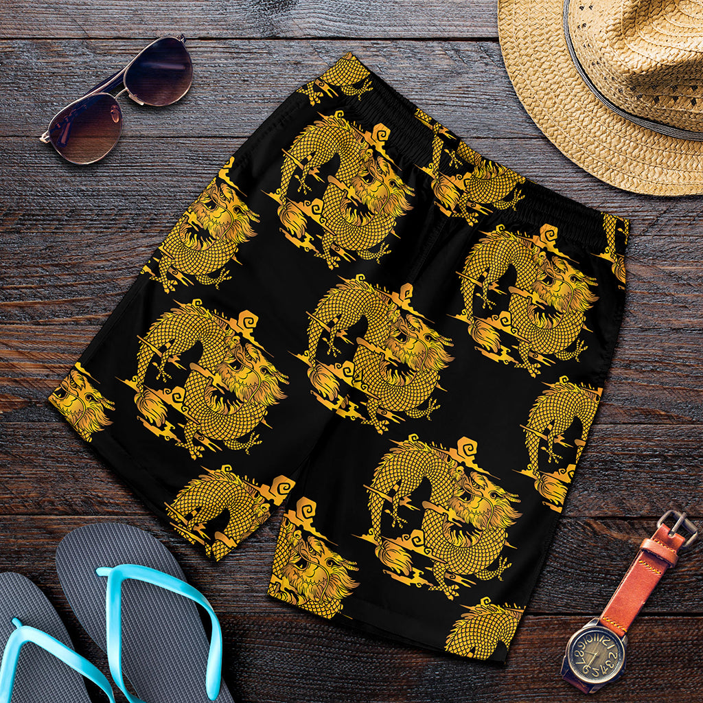 Black And Gold Dragon Pattern Print Men's Shorts