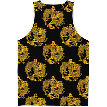 Black And Gold Dragon Pattern Print Men's Tank Top