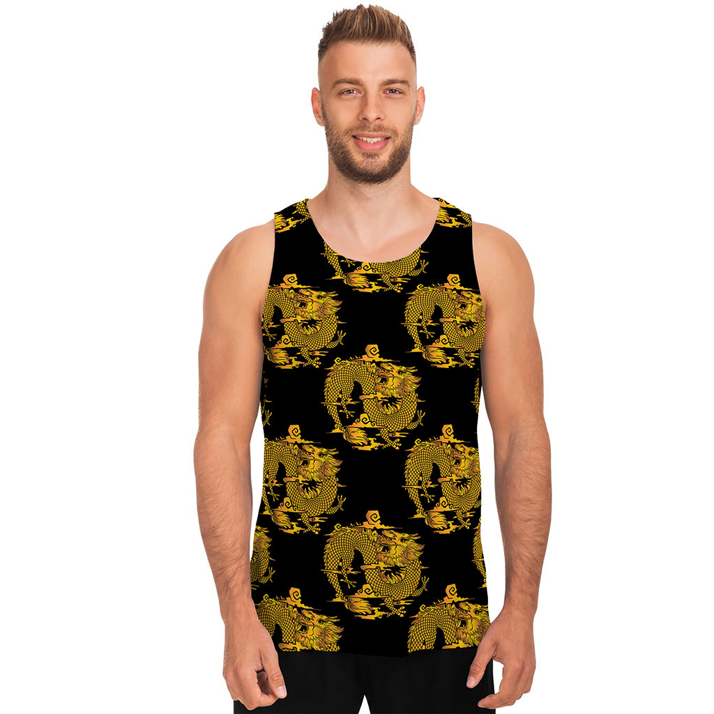 Black And Gold Dragon Pattern Print Men's Tank Top