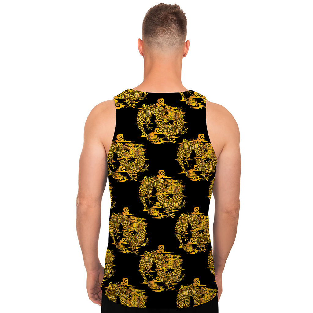 Black And Gold Dragon Pattern Print Men's Tank Top