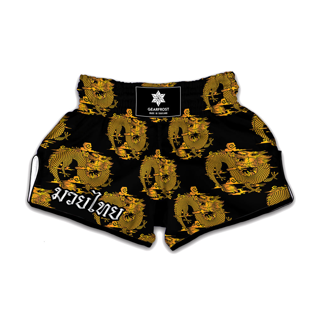 Black And Gold Dragon Pattern Print Muay Thai Boxing Shorts