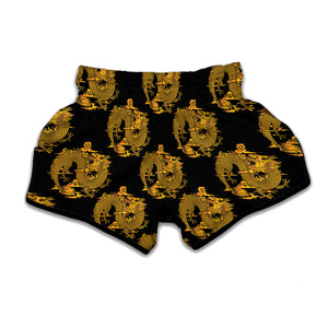 Black And Gold Dragon Pattern Print Muay Thai Boxing Shorts