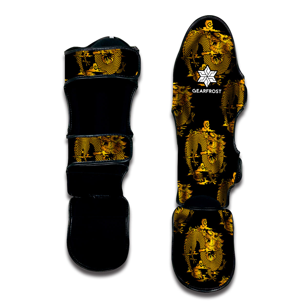 Black And Gold Dragon Pattern Print Muay Thai Shin Guard