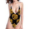 Black And Gold Dragon Pattern Print One Piece High Cut Swimsuit