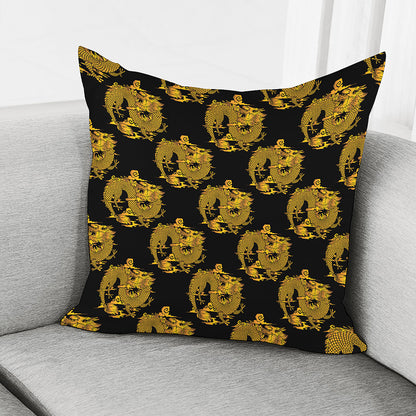 Black And Gold Dragon Pattern Print Pillow Cover