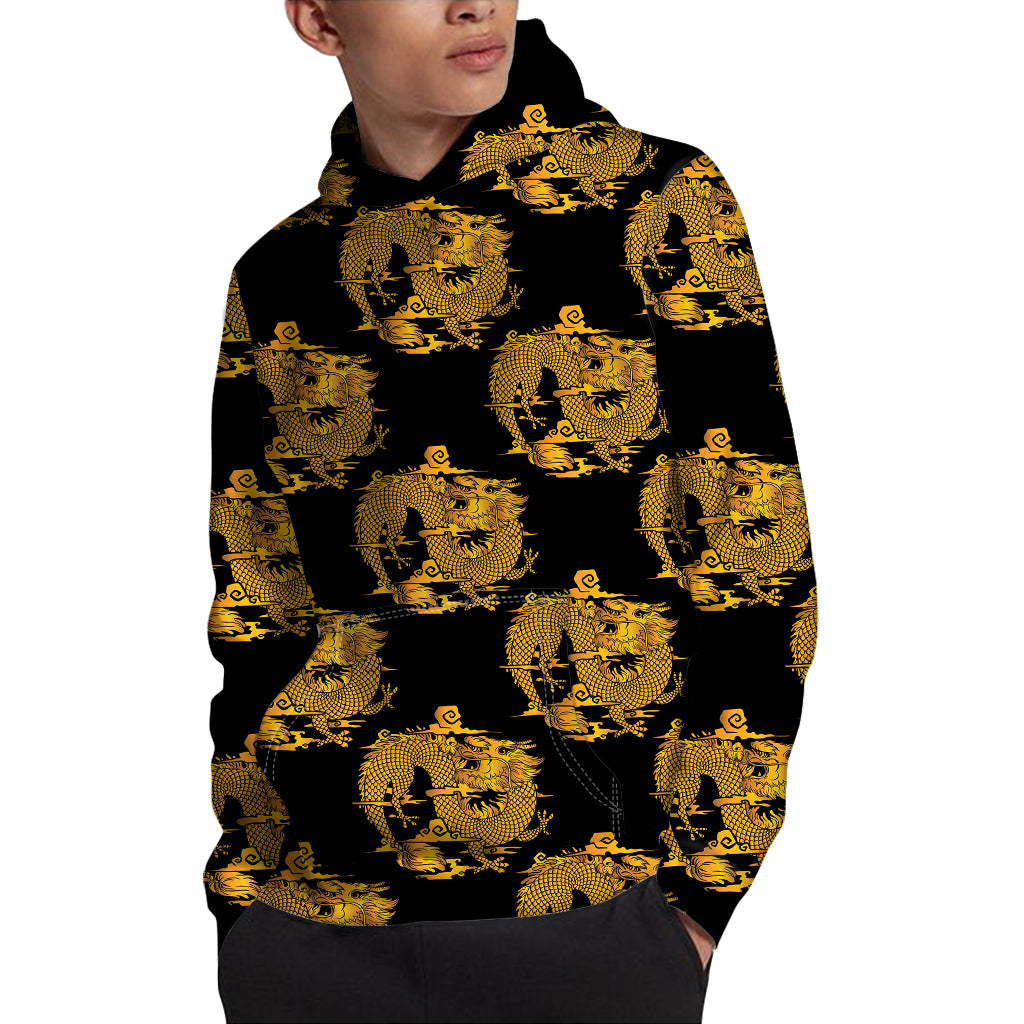 Black And Gold Dragon Pattern Print Pullover Hoodie