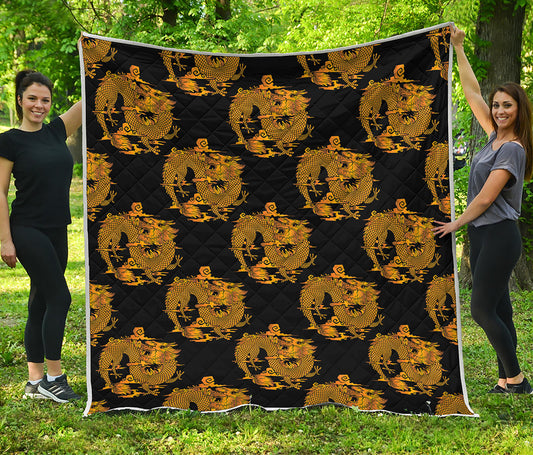 Black And Gold Dragon Pattern Print Quilt