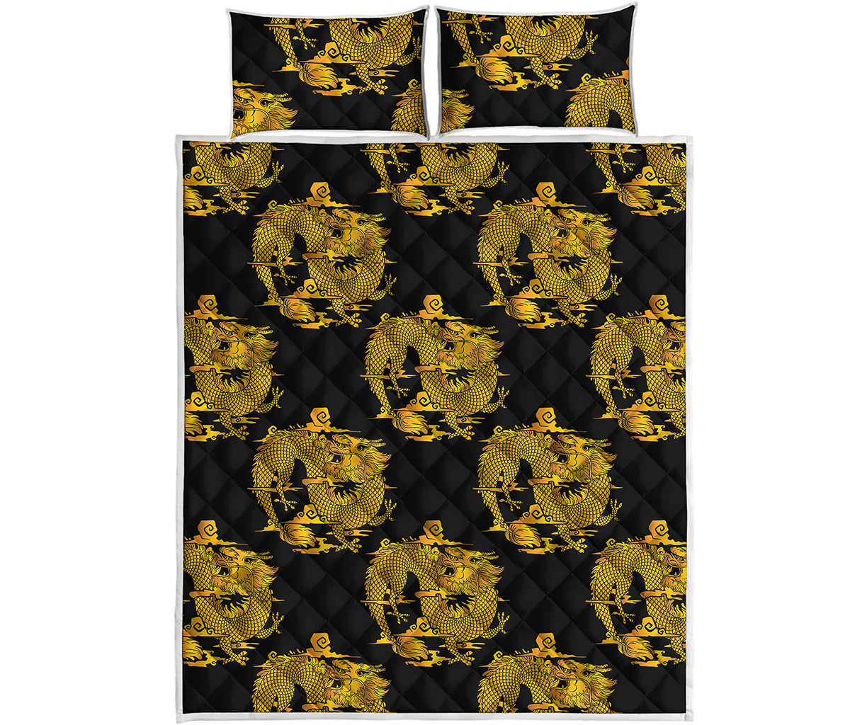 Black And Gold Dragon Pattern Print Quilt Bed Set