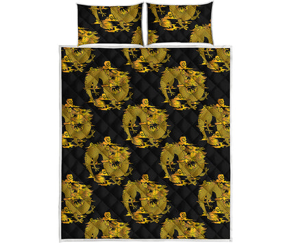 Black And Gold Dragon Pattern Print Quilt Bed Set