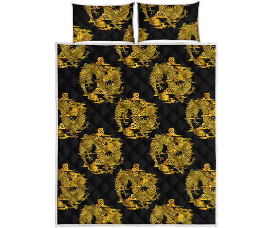 Black And Gold Dragon Pattern Print Quilt Bed Set