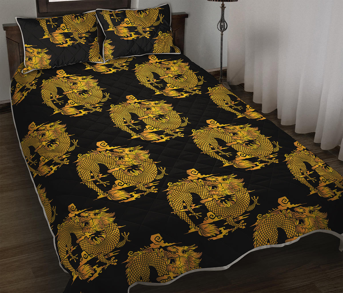 Black And Gold Dragon Pattern Print Quilt Bed Set