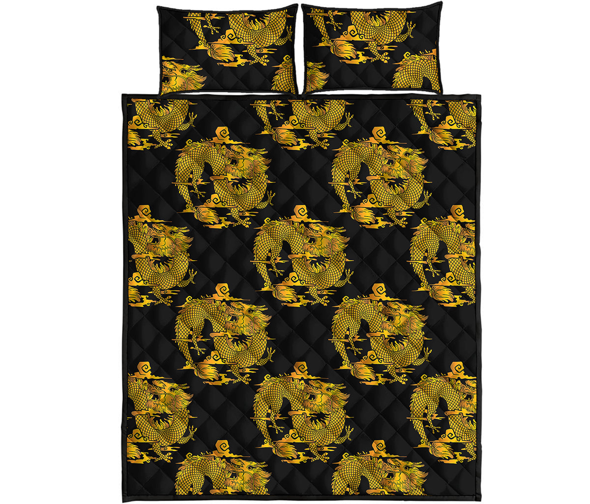 Black And Gold Dragon Pattern Print Quilt Bed Set