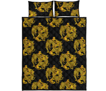 Black And Gold Dragon Pattern Print Quilt Bed Set