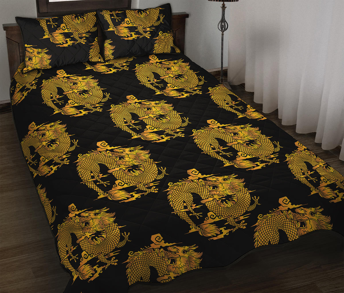 Black And Gold Dragon Pattern Print Quilt Bed Set