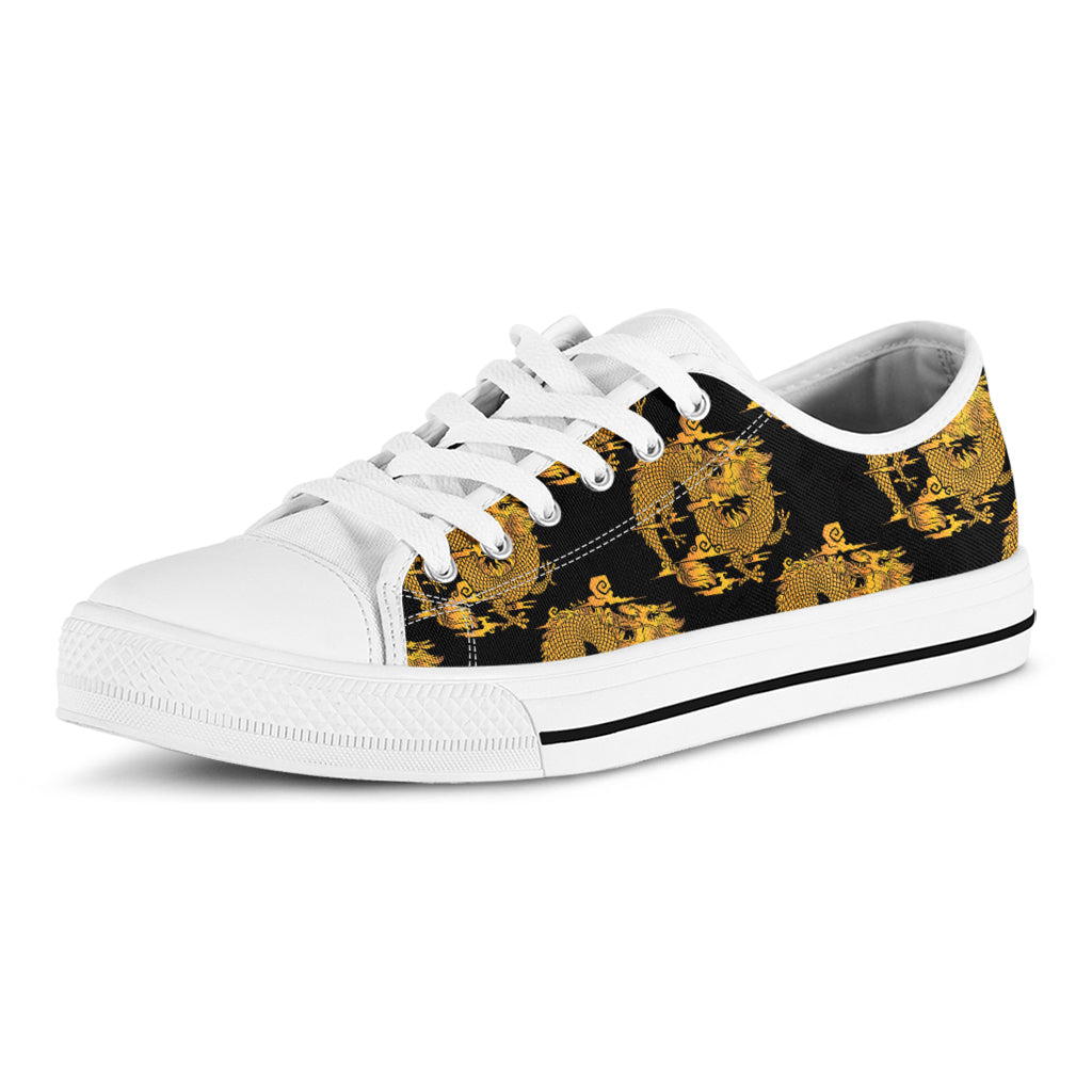 Black And Gold Dragon Pattern Print White Low Top Shoes